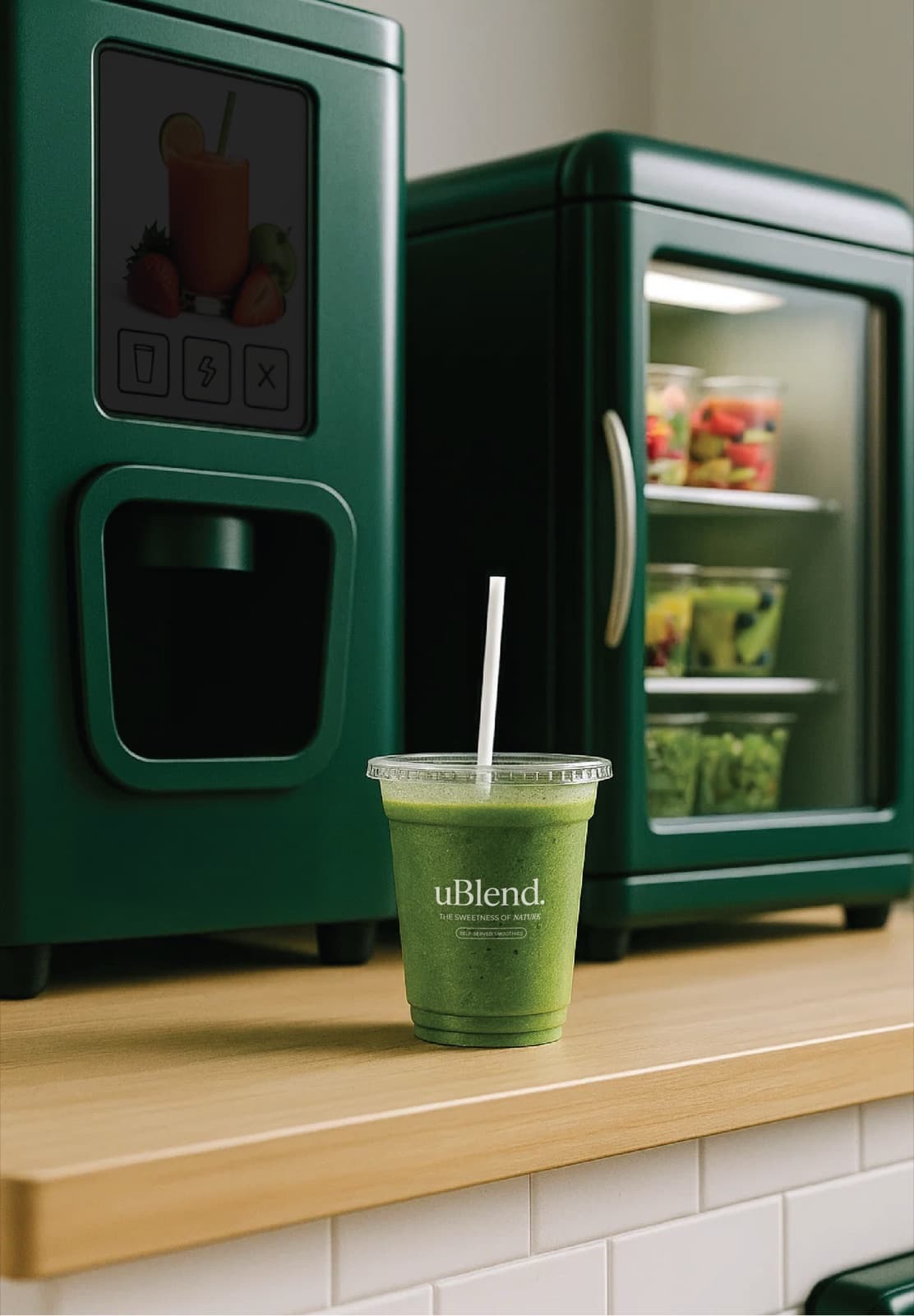 A green uBlend smoothie on a counter beside the station