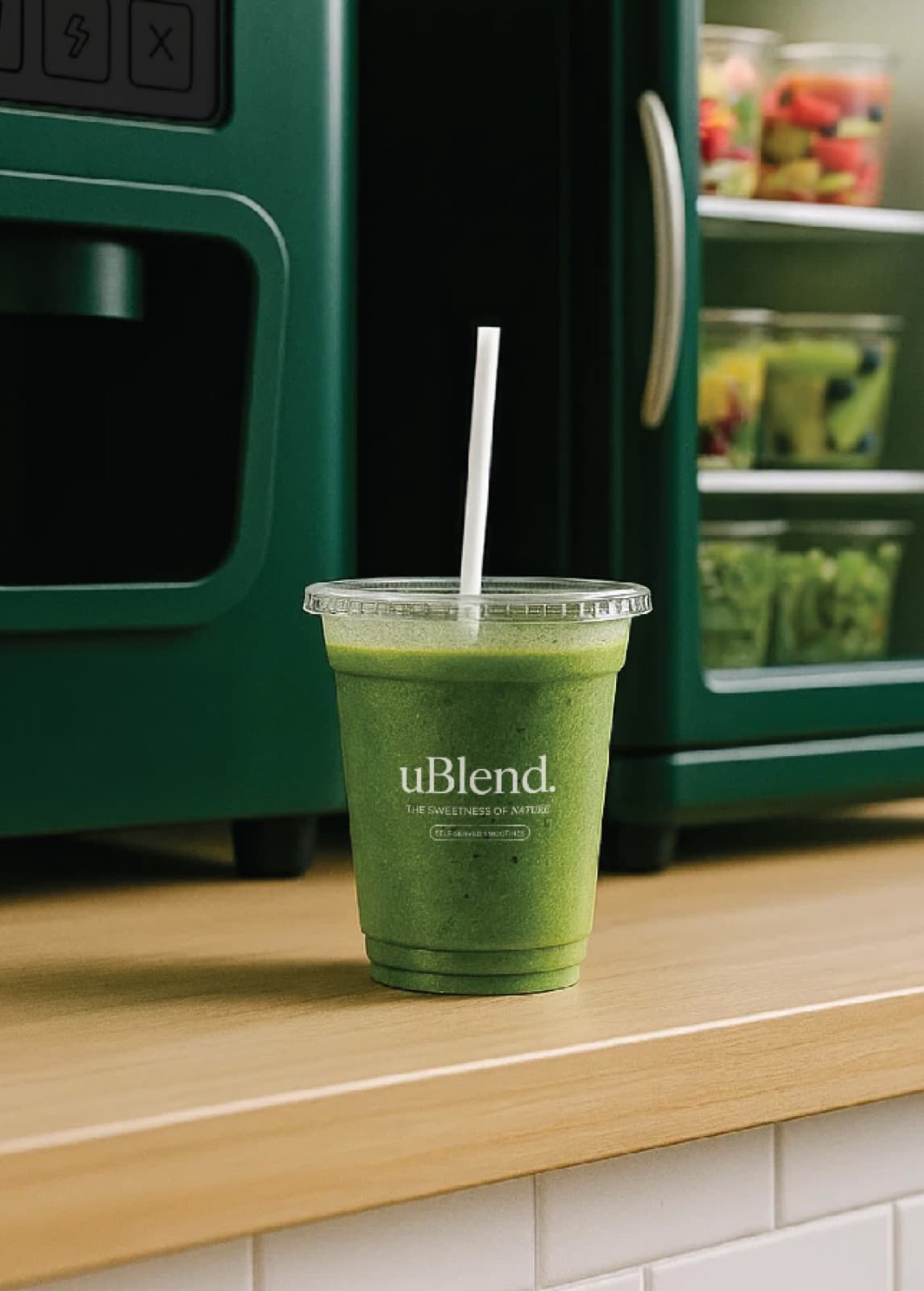 A green uBlend smoothie in front of the blending machine