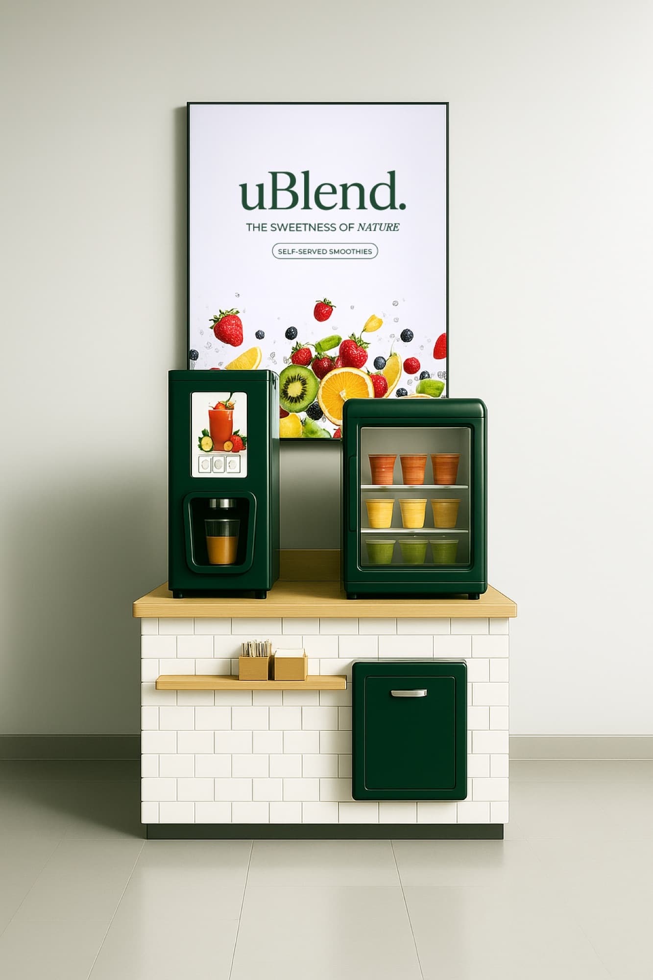 A uBlend station installed against a wall with branded poster