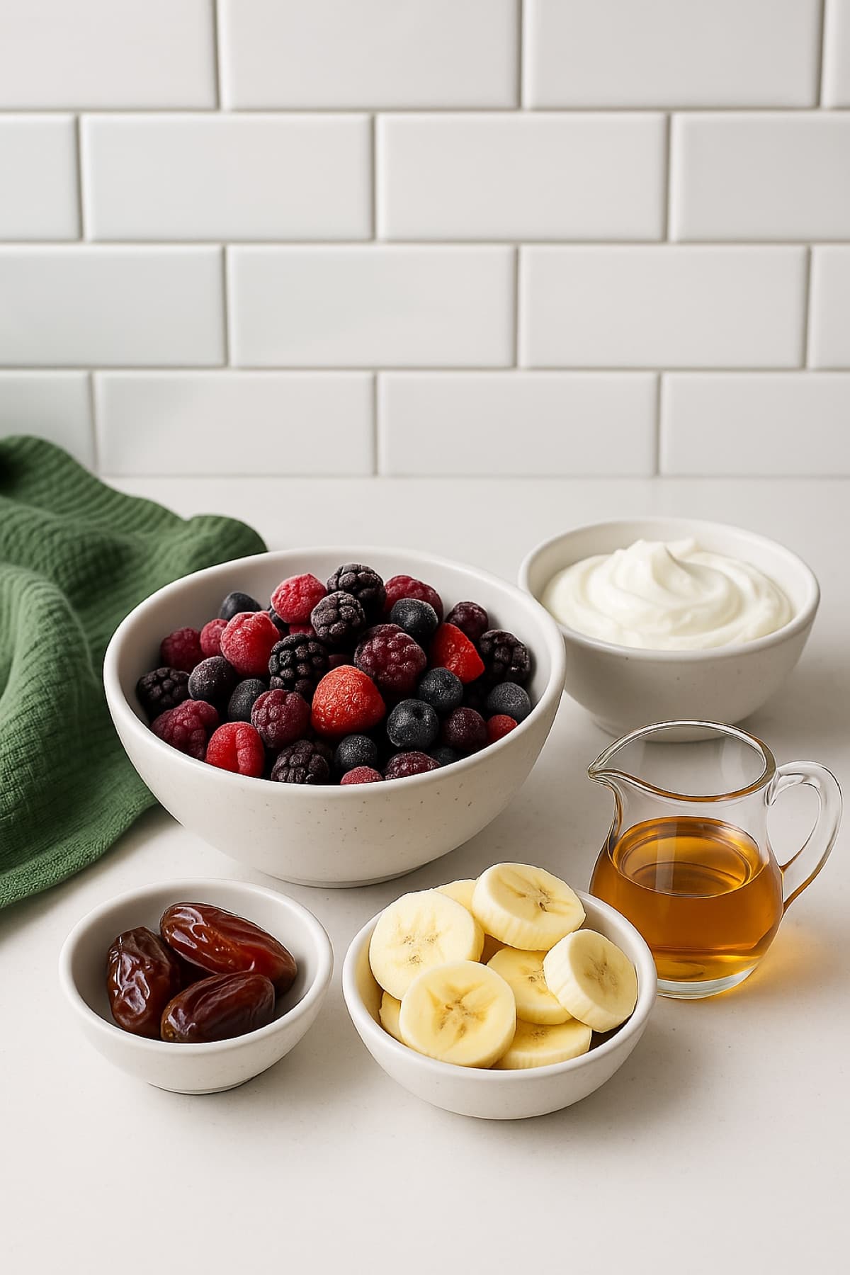 Bowls of frozen berries, yoghurt, dates, banana slices and honey