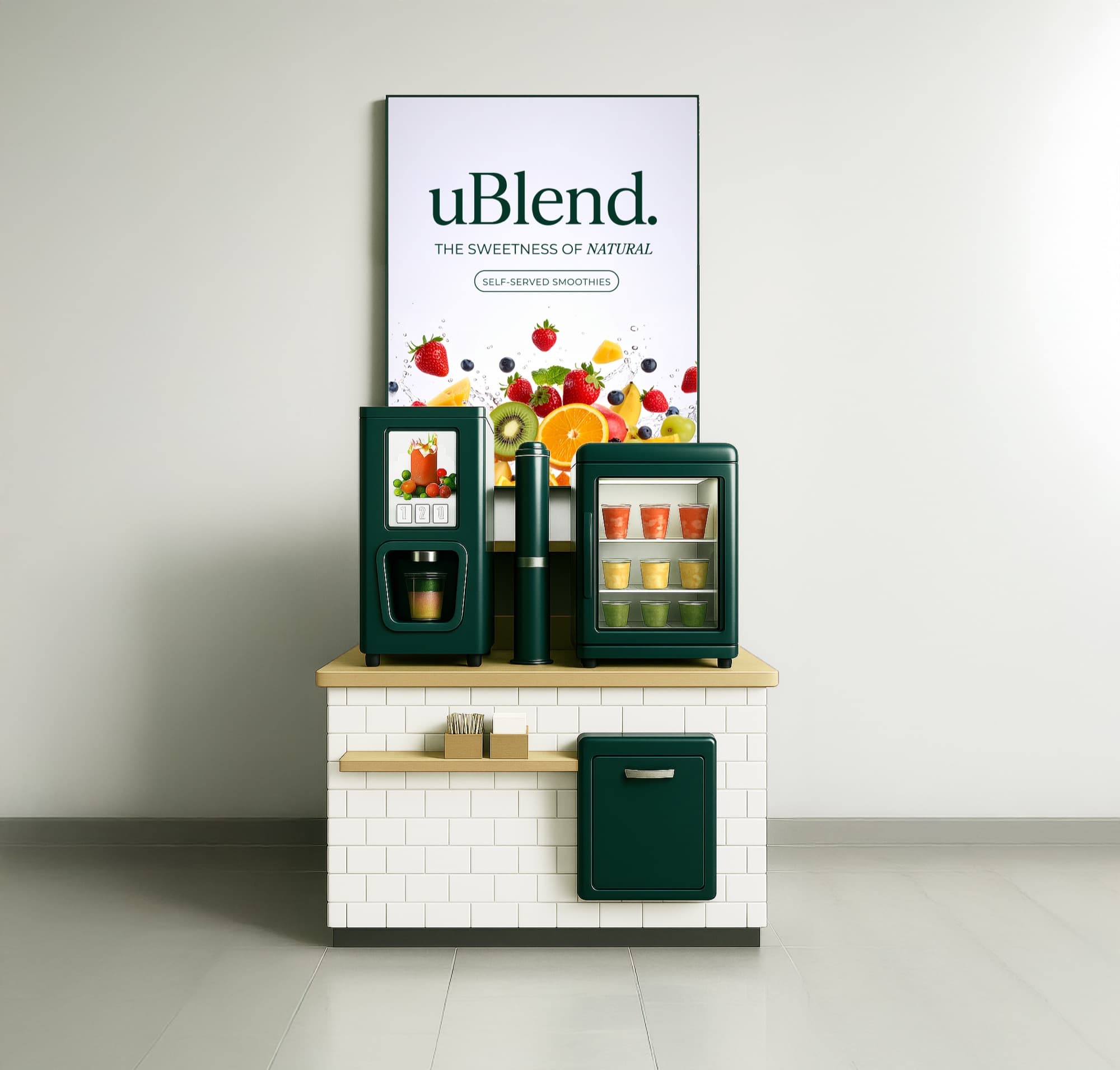 A uBlend station: blending machine, chiller of cups and backlit poster